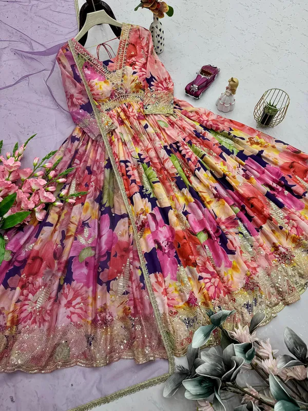 Multicolour_Chinon_Silk_Gown_For_Women