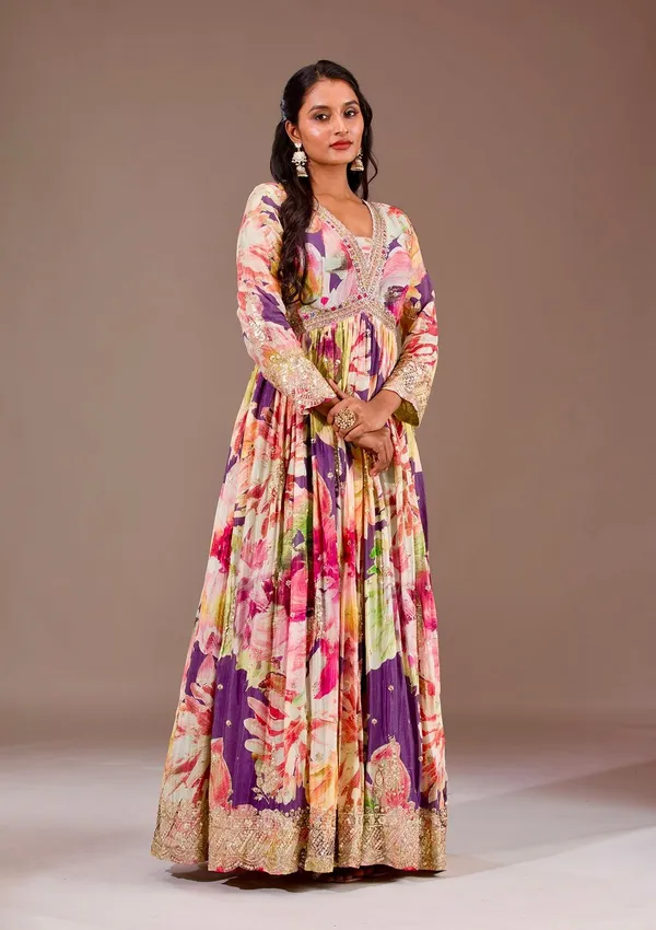 Multicolour_Chinon_Silk_Gown_For_Women