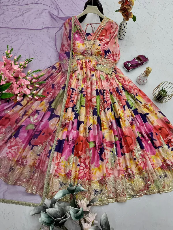 Multicolour_Chinon_Silk_Gown_For_Women