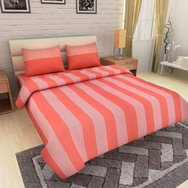 Light_Red_Cotton_Striped_King_Size_Double_Bedsheet_Set_With_2_Pillow_Covers
