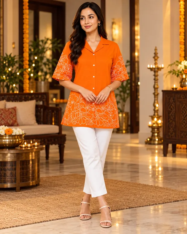 100%_Cotton_Orange_Co-Ord_Set,_Designer_Printed_for_Festive,_Office,_Daily_Wear