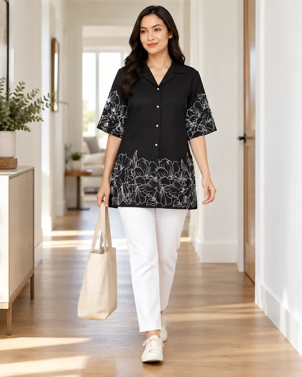 100%_Cotton_Black_Kurti_&_Pant_Set,_Designer_Floral_Printed_for_Festive,_Office,_Daily_Wear