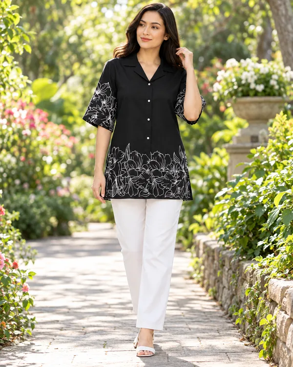 100%_Cotton_Black_Kurti_&_Pant_Set,_Designer_Floral_Printed_for_Festive,_Office,_Daily_Wear