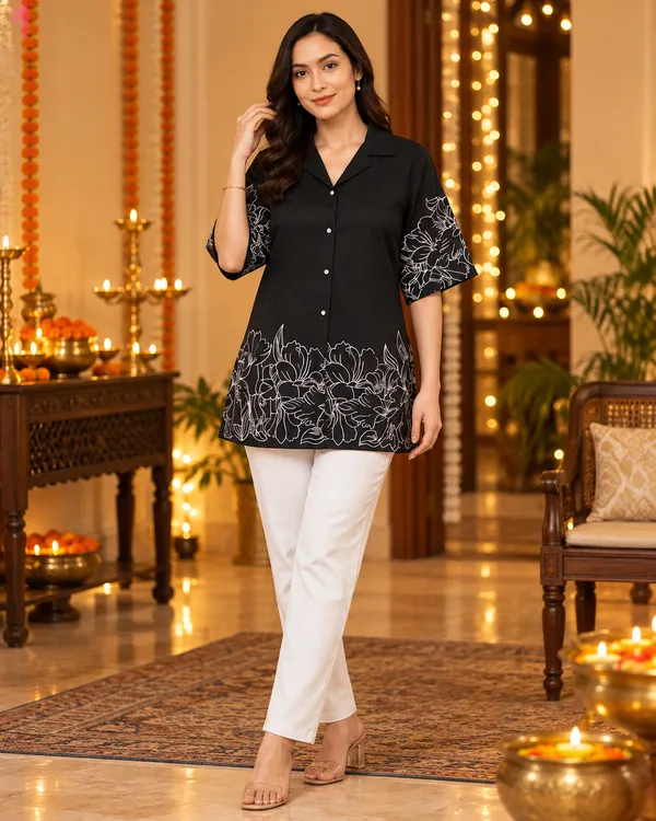 100%_Cotton_Black_Kurti_&_Pant_Set,_Designer_Floral_Printed_for_Festive,_Office,_Daily_Wear