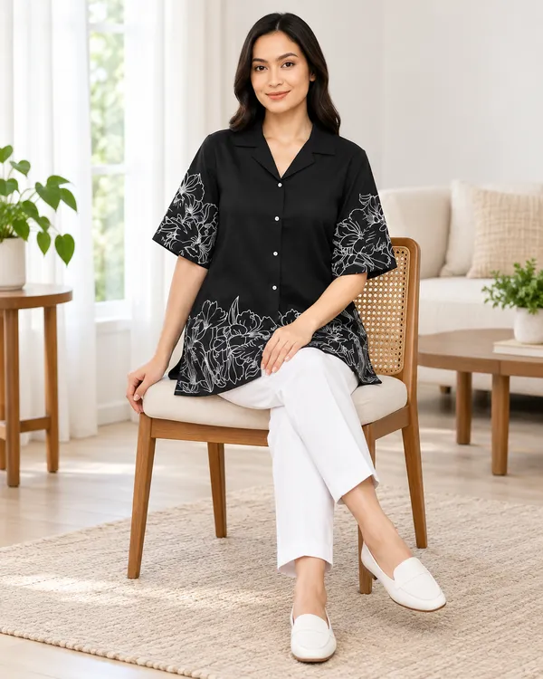 100%_Cotton_Black_Kurti_&_Pant_Set,_Designer_Floral_Printed_for_Festive,_Office,_Daily_Wear