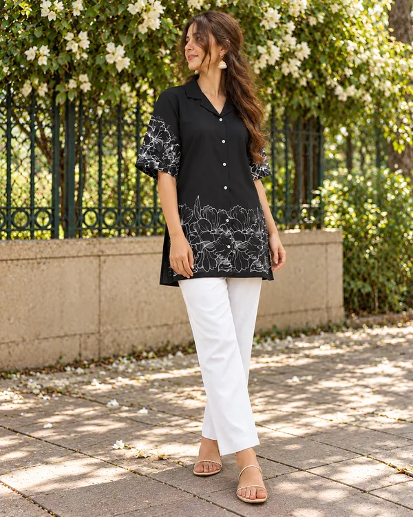 100%_Cotton_Black_Kurti_&_Pant_Set,_Designer_Floral_Printed_for_Festive,_Office,_Daily_Wear