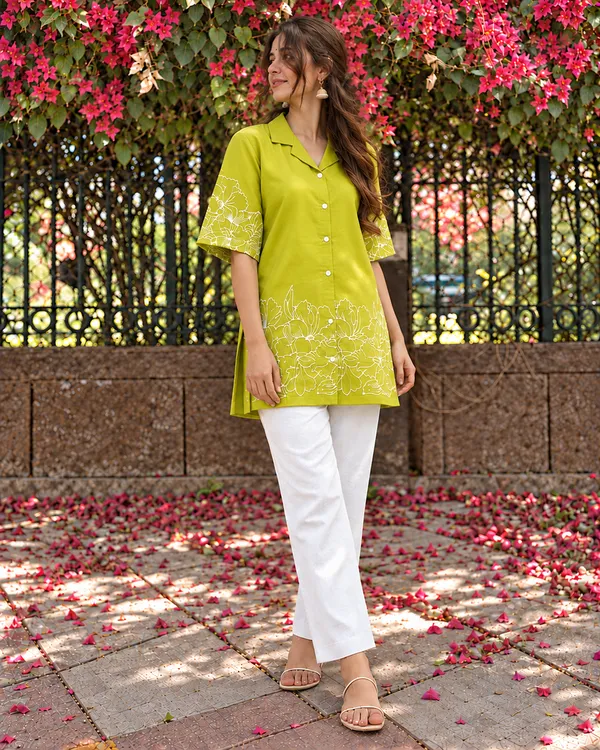 100%_Cotton_Lime_Kurti_&_Pant_Set,_Designer_Floral_Printed_for_Festive,_Office,_Daily_Wear