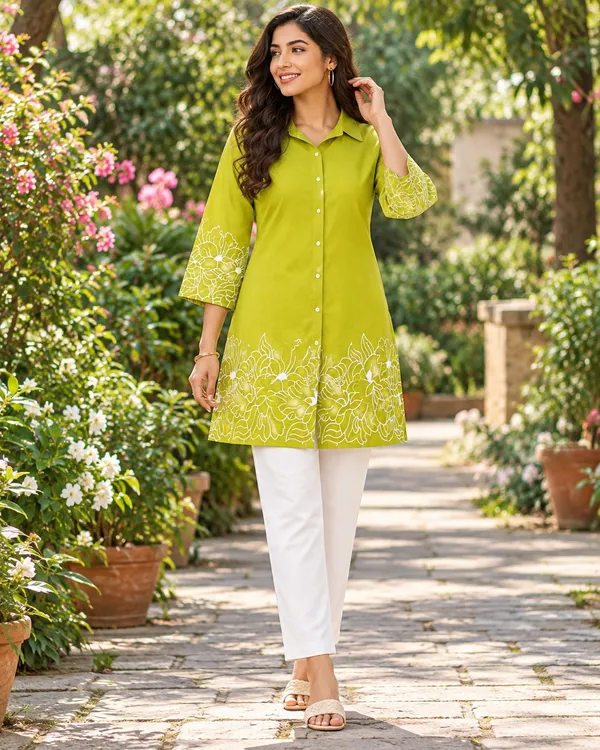 100%_Cotton_Lime_Kurti_&_Pant_Set,_Designer_Floral_Printed_for_Festive,_Office,_Daily_Wear