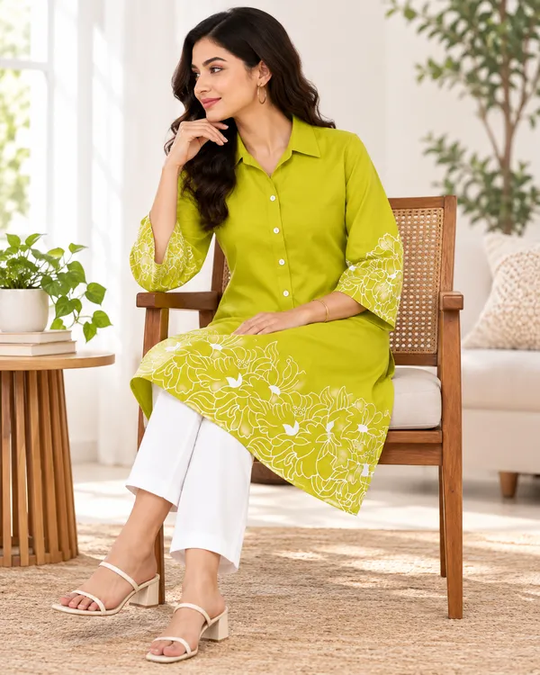 100%_Cotton_Lime_Kurti_&_Pant_Set,_Designer_Floral_Printed_for_Festive,_Office,_Daily_Wear