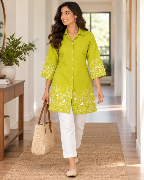 100%_Cotton_Lime_Kurti_&_Pant_Set,_Designer_Floral_Printed_for_Festive,_Office,_Daily_Wear