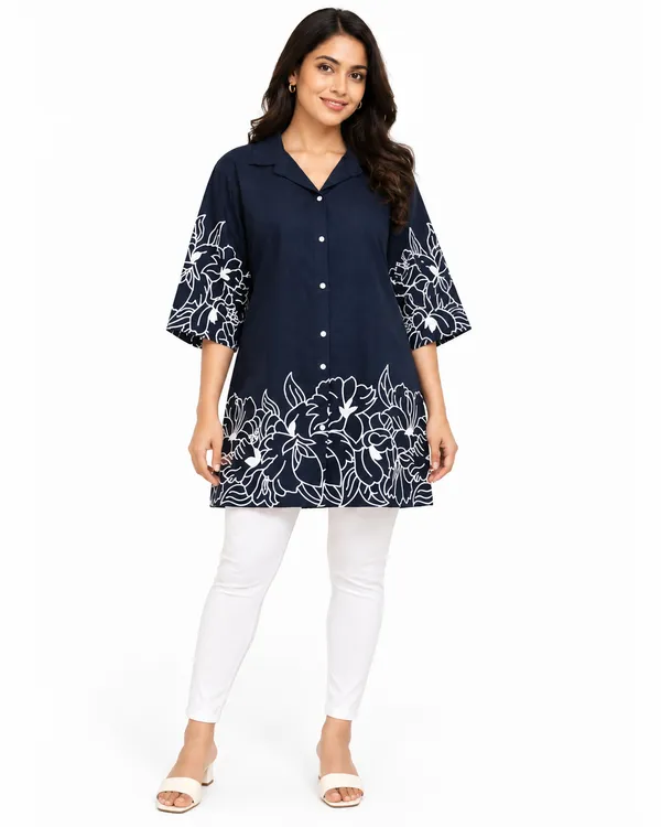 100%_Cotton_Navy_Kurti_&_Pant_Set,_Designer_Floral_Printed_for_Festive,_Office,_Daily_Wear