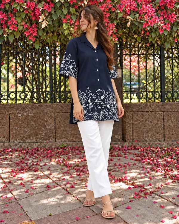 100%_Cotton_Navy_Kurti_&_Pant_Set,_Designer_Floral_Printed_for_Festive,_Office,_Daily_Wear