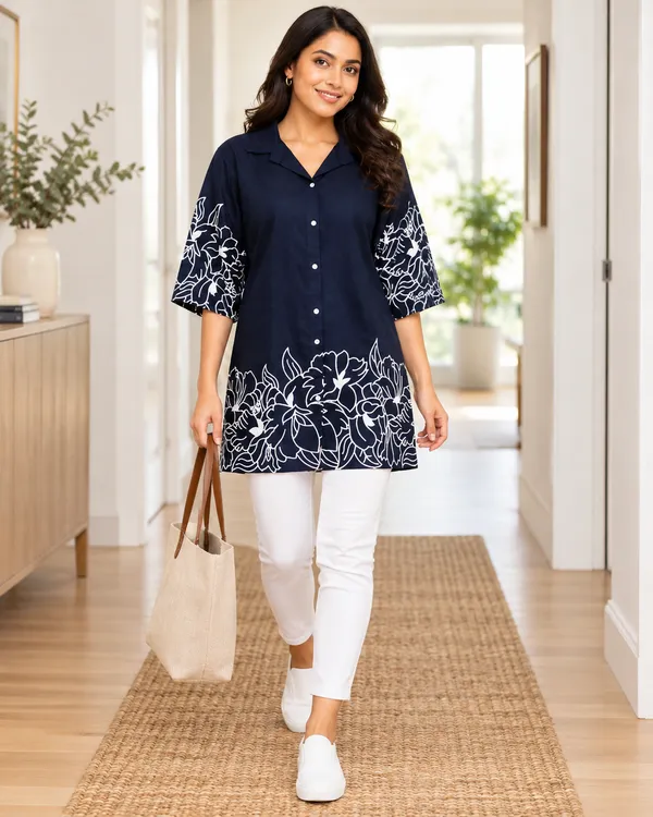 100%_Cotton_Navy_Kurti_&_Pant_Set,_Designer_Floral_Printed_for_Festive,_Office,_Daily_Wear