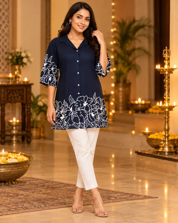 100%_Cotton_Navy_Kurti_&_Pant_Set,_Designer_Floral_Printed_for_Festive,_Office,_Daily_Wear