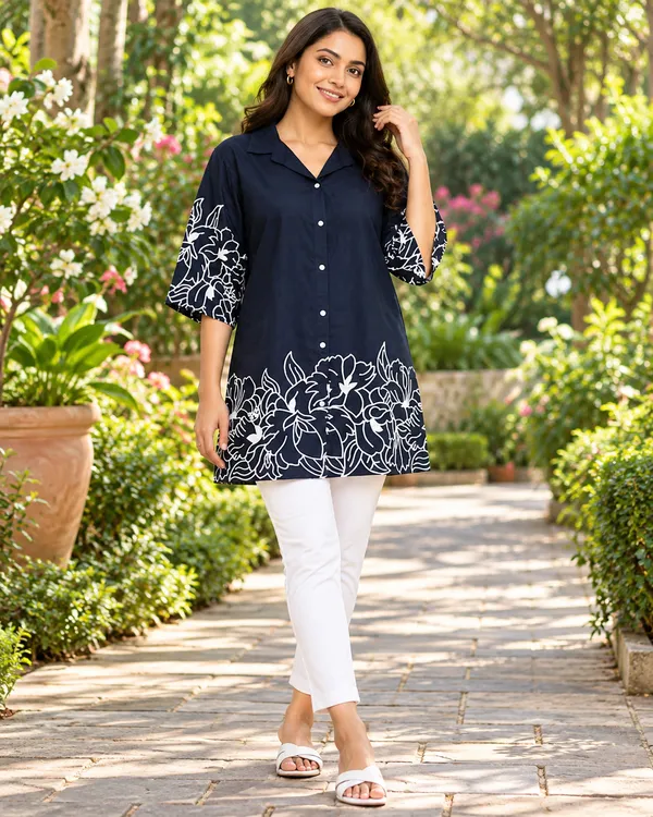 100%_Cotton_Navy_Kurti_&_Pant_Set,_Designer_Floral_Printed_for_Festive,_Office,_Daily_Wear