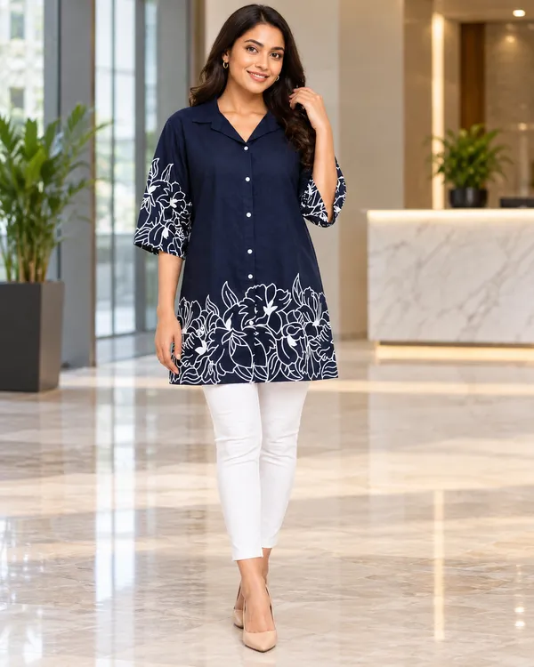 100%_Cotton_Navy_Kurti_&_Pant_Set,_Designer_Floral_Printed_for_Festive,_Office,_Daily_Wear