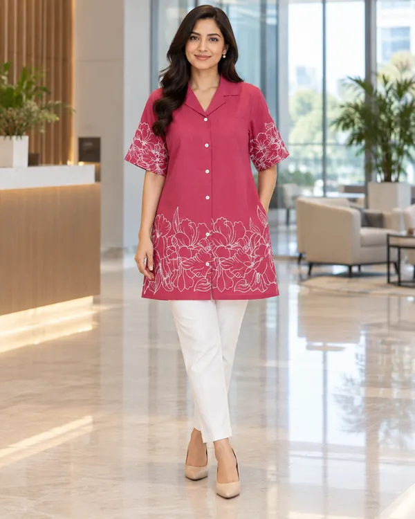 100%_Cotton_Pink_Kurti_&_Pant_Set,_Designer_Floral_Printed_for_Festive,_Office,_Daily_Wear