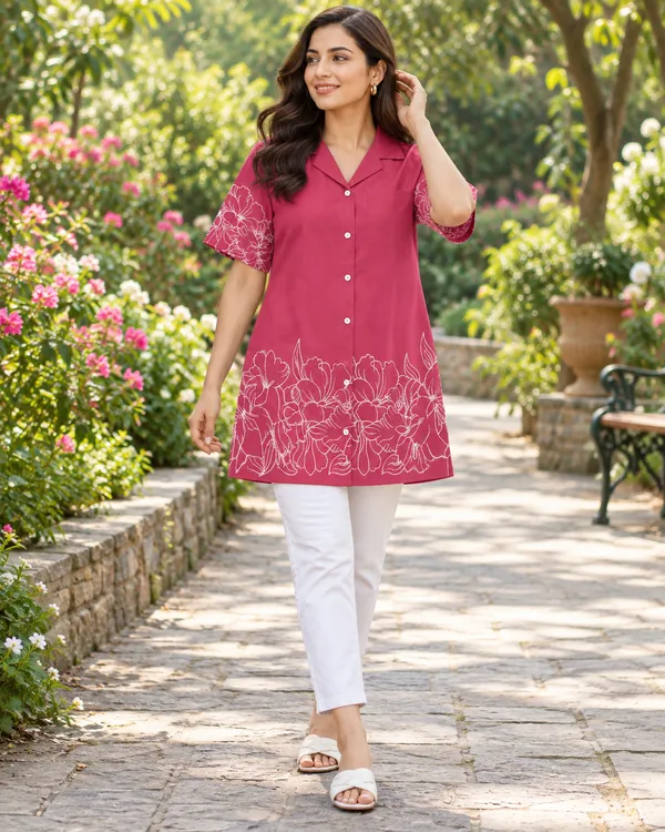 100%_Cotton_Pink_Kurti_&_Pant_Set,_Designer_Floral_Printed_for_Festive,_Office,_Daily_Wear