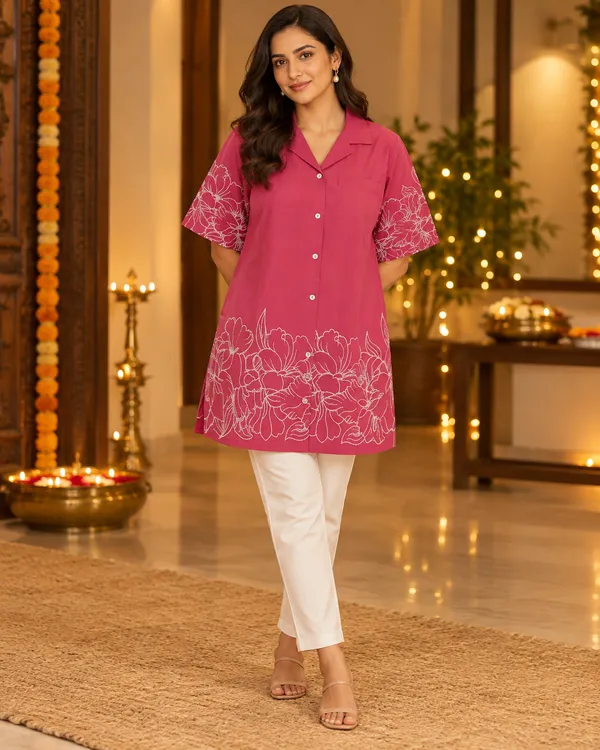 100%_Cotton_Pink_Kurti_&_Pant_Set,_Designer_Floral_Printed_for_Festive,_Office,_Daily_Wear