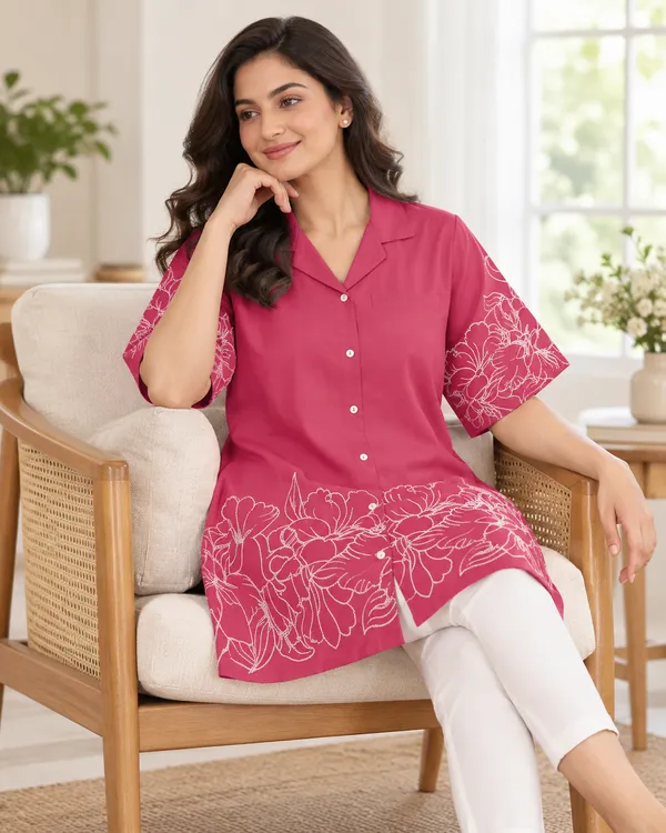100%_Cotton_Pink_Kurti_&_Pant_Set,_Designer_Floral_Printed_for_Festive,_Office,_Daily_Wear