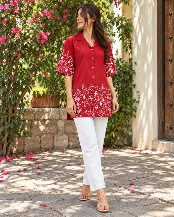 100%_Cotton_Red_Kurti_&_Pant_Set,_Designer_Floral_Printed_for_Festive,_Office,_Daily_Wear
