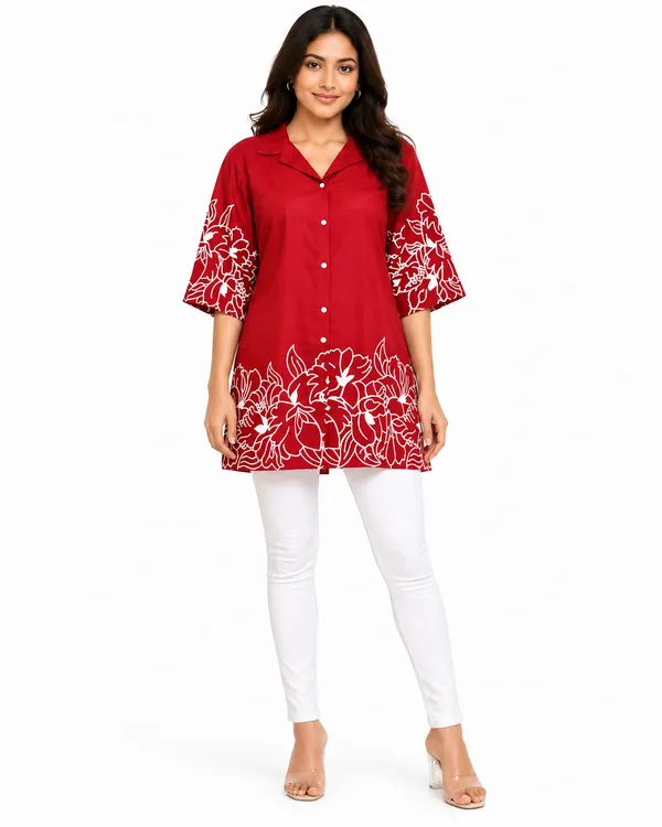 100%_Cotton_Red_Kurti_&_Pant_Set,_Designer_Floral_Printed_for_Festive,_Office,_Daily_Wear