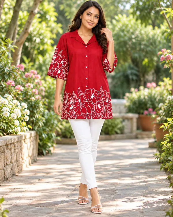 100%_Cotton_Red_Kurti_&_Pant_Set,_Designer_Floral_Printed_for_Festive,_Office,_Daily_Wear