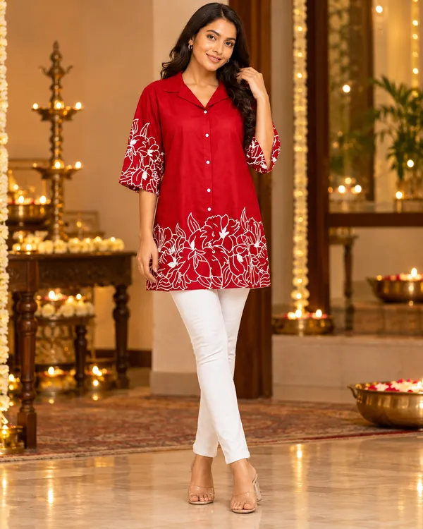 100%_Cotton_Red_Kurti_&_Pant_Set,_Designer_Floral_Printed_for_Festive,_Office,_Daily_Wear