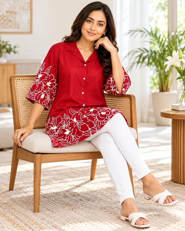 100%_Cotton_Red_Kurti_&_Pant_Set,_Designer_Floral_Printed_for_Festive,_Office,_Daily_Wear