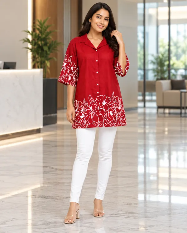 100%_Cotton_Red_Kurti_&_Pant_Set,_Designer_Floral_Printed_for_Festive,_Office,_Daily_Wear