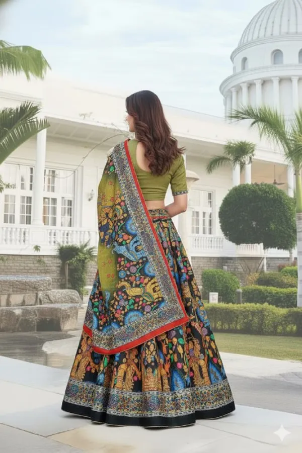 Designer_Olive_Green_Figurative_Print_Dola_Silk_Digital_Print_Festive_Lehenga_Choli_For_Women