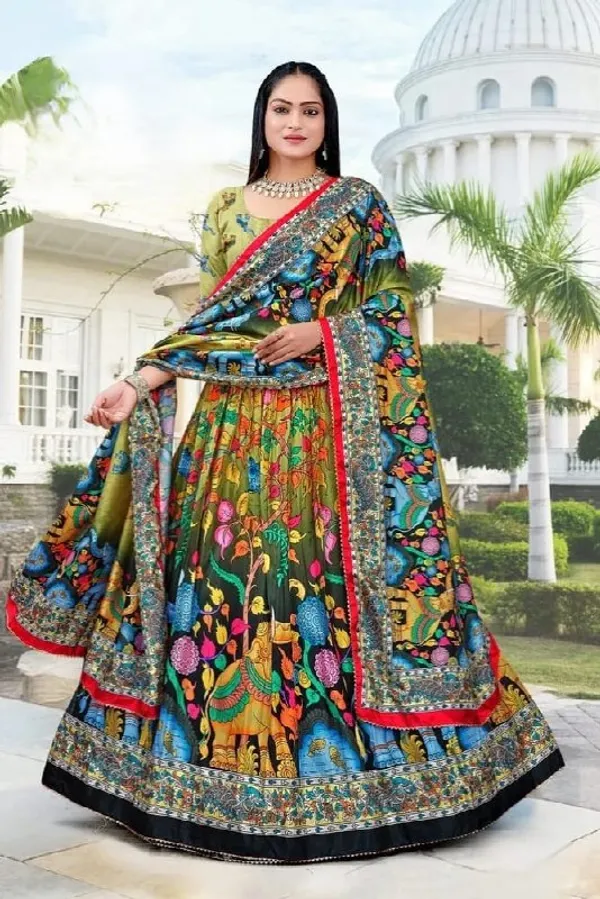 Designer_Olive_Green_Figurative_Print_Dola_Silk_Digital_Print_Festive_Lehenga_Choli_For_Women