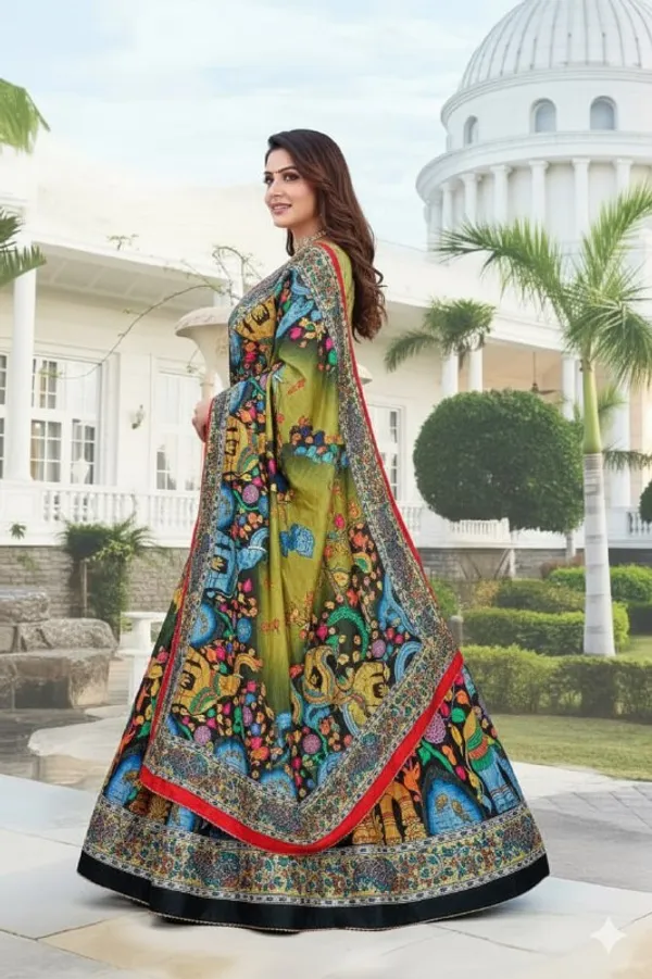 Designer_Olive_Green_Figurative_Print_Dola_Silk_Digital_Print_Festive_Lehenga_Choli_For_Women