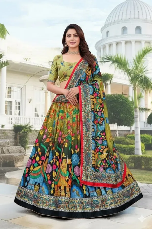Designer_Olive_Green_Figurative_Print_Dola_Silk_Digital_Print_Festive_Lehenga_Choli_For_Women