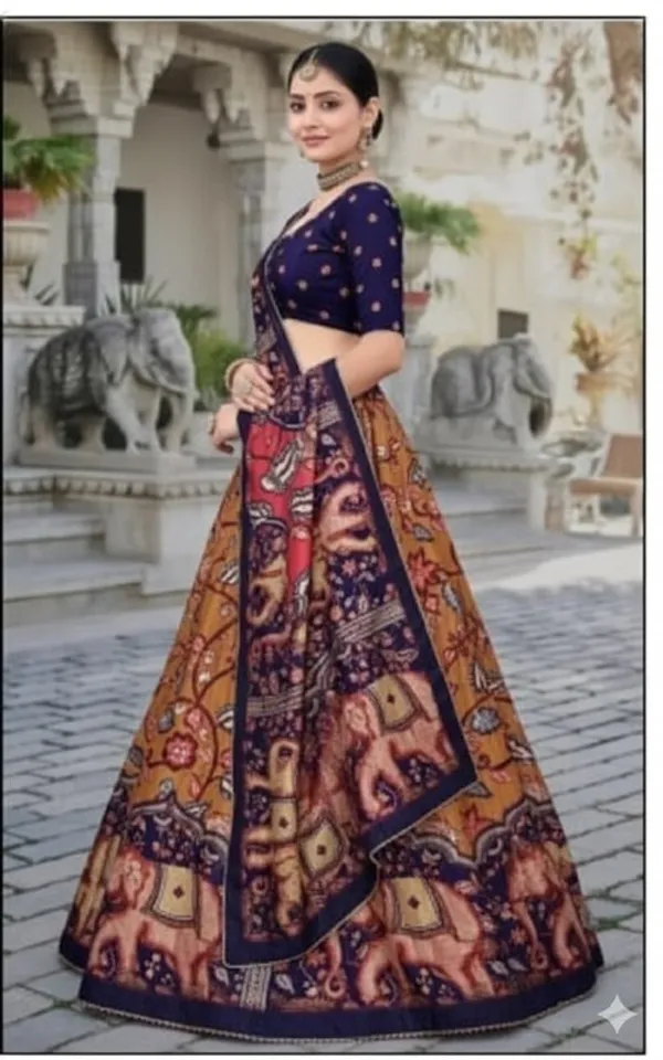 Designer_Rust_Figurative_Print_with_Border_Dola_Silk_Digital_Print_Festive_Lehenga_Choli_For_Women
