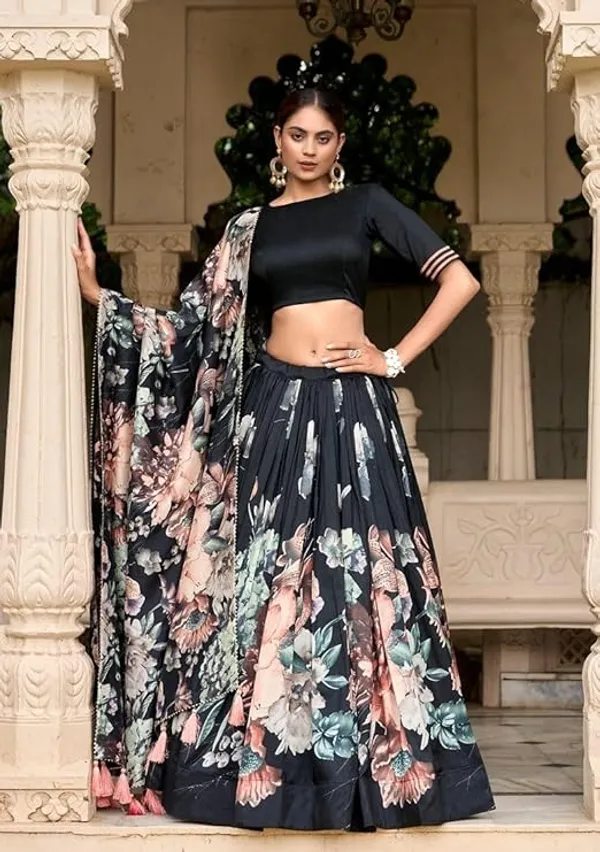 Designer_Black_Floral_Print_Dola_Silk_Digital_Print_Festive_Lehenga_Choli_For_Women