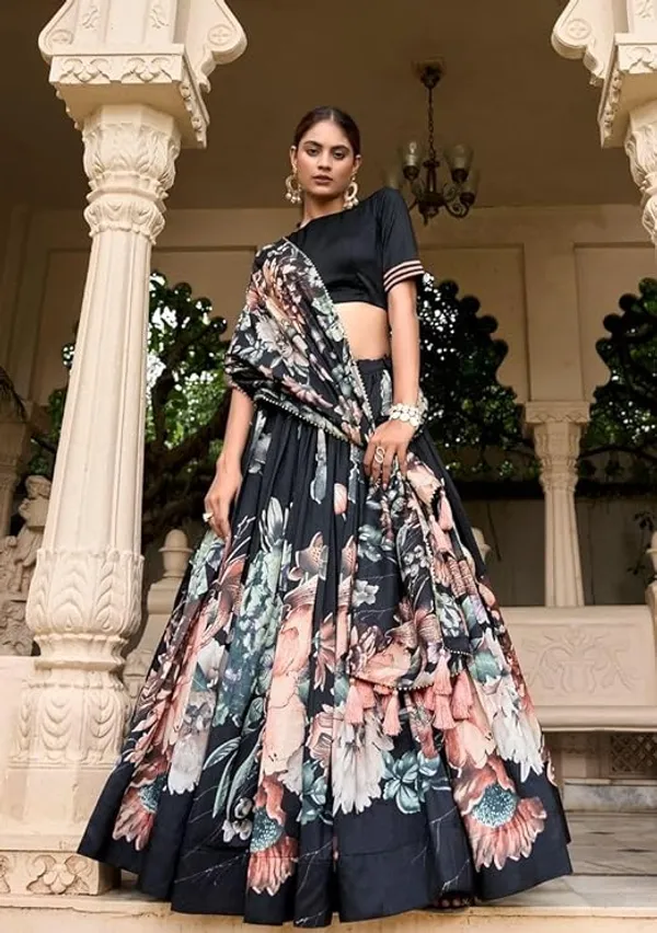 Designer_Black_Floral_Print_Dola_Silk_Digital_Print_Festive_Lehenga_Choli_For_Women
