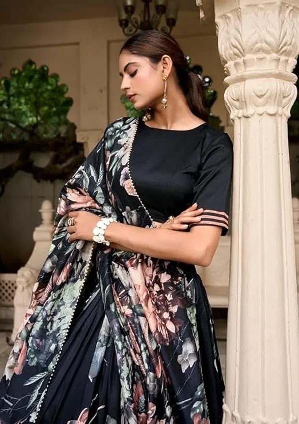Designer_Black_Floral_Print_Dola_Silk_Digital_Print_Festive_Lehenga_Choli_For_Women