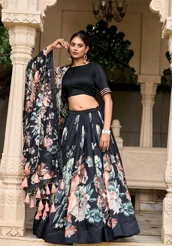 Designer_Black_Floral_Print_Dola_Silk_Digital_Print_Festive_Lehenga_Choli_For_Women