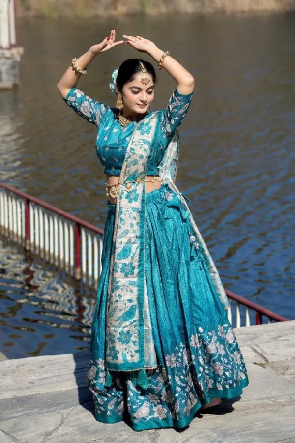 Designer_Teal_Floral_Border_Dola_Silk_Digital_Print_Festive_Lehenga_Choli_For_Women