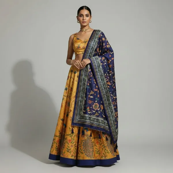 Designer_Mustard_Yellow_Figurative_Print_with_Border_Dola_Silk_Digital_Print_Festive_Lehenga_Choli_For_Women