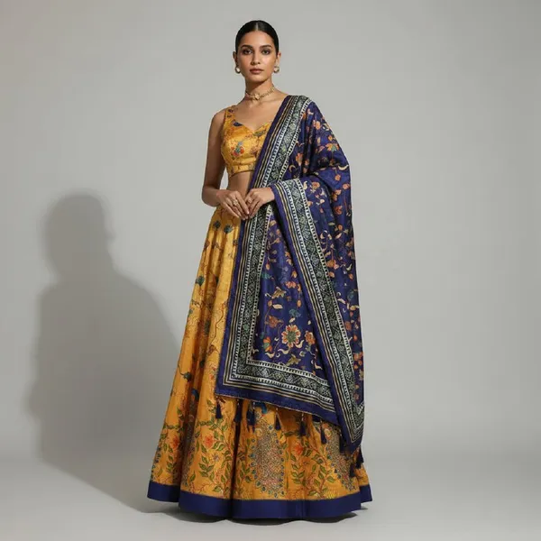 Designer_Mustard_Yellow_Figurative_Print_with_Border_Dola_Silk_Digital_Print_Festive_Lehenga_Choli_For_Women