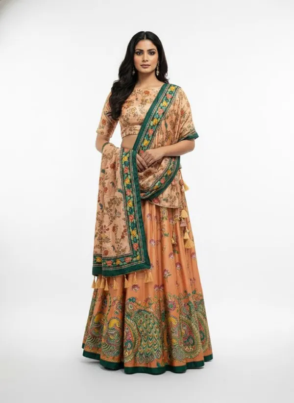 Designer_Light_Orange_Figurative_Print_with_Border_Dola_Silk_Digital_Print_Festive_Lehenga_Choli_For_Women