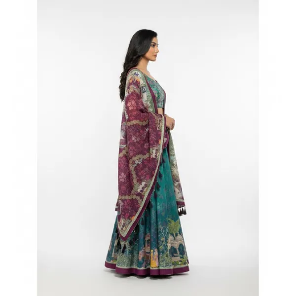 Designer_Teal_Green_Figurative_Print_with_Border_Dola_Silk_Digital_Print_Festive_Lehenga_Choli_For_Women