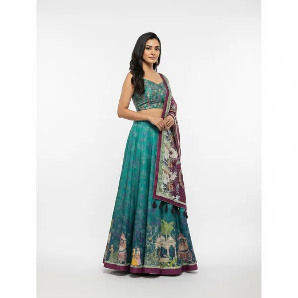 Designer_Teal_Green_Figurative_Print_with_Border_Dola_Silk_Digital_Print_Festive_Lehenga_Choli_For_Women