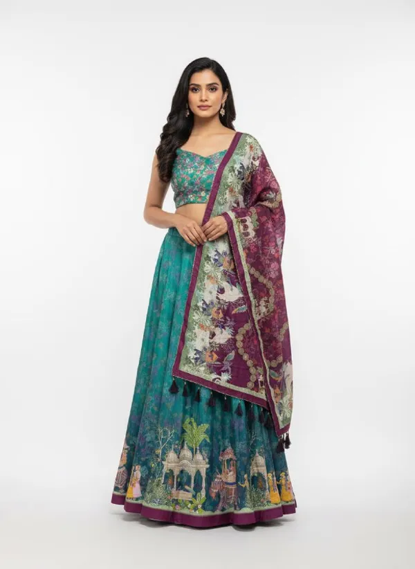 Designer_Teal_Green_Figurative_Print_with_Border_Dola_Silk_Digital_Print_Festive_Lehenga_Choli_For_Women