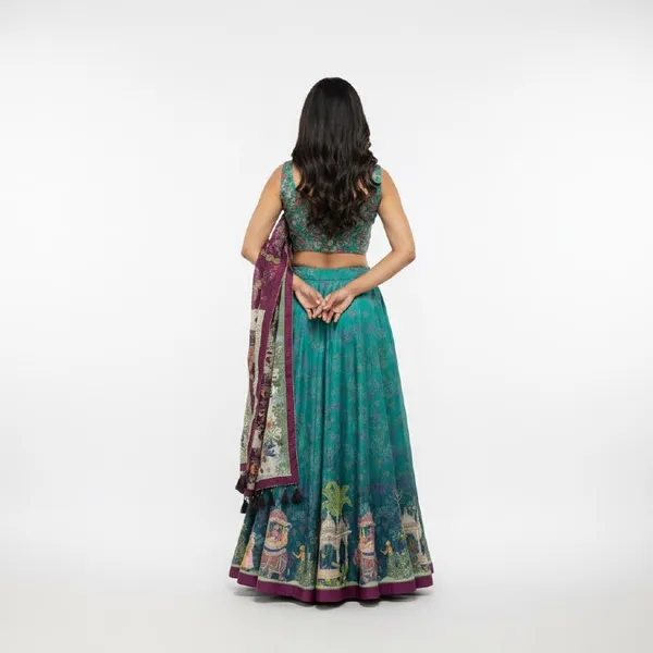 Designer_Teal_Green_Figurative_Print_with_Border_Dola_Silk_Digital_Print_Festive_Lehenga_Choli_For_Women