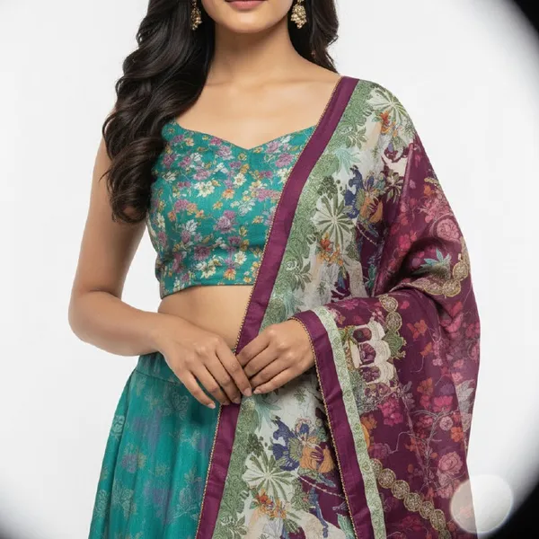 Designer_Teal_Green_Figurative_Print_with_Border_Dola_Silk_Digital_Print_Festive_Lehenga_Choli_For_Women