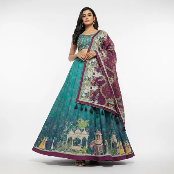 Designer_Teal_Green_Figurative_Print_with_Border_Dola_Silk_Digital_Print_Festive_Lehenga_Choli_For_Women