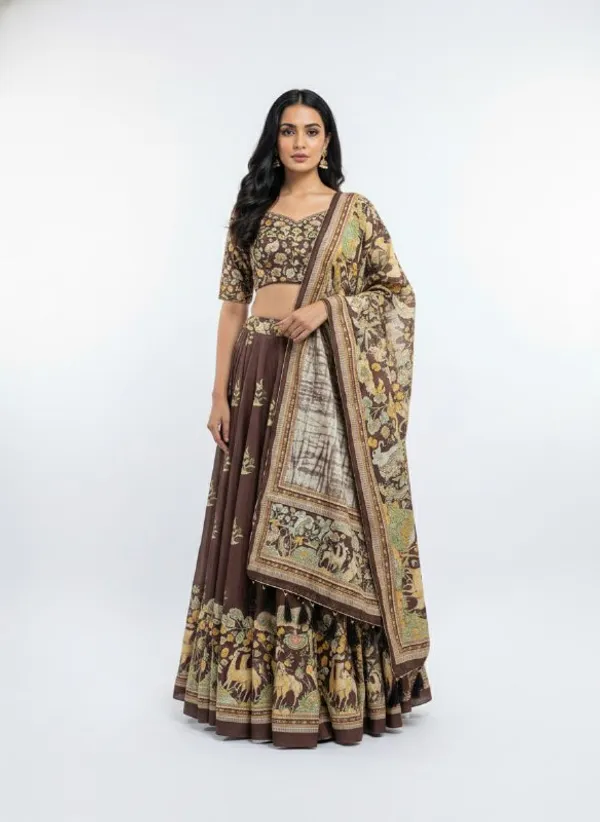 Designer_Brown_Figurative_Print_with_Border_Dola_Silk_Digital_Print_Festive_Lehenga_Choli_For_Women